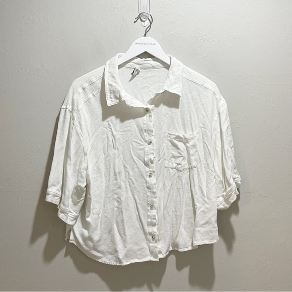 GENTLE FAWN Women’s Ivory BYRON Top In Linen One Pocket Boxy Button Sleeve Sz L - Picture 2 of 9